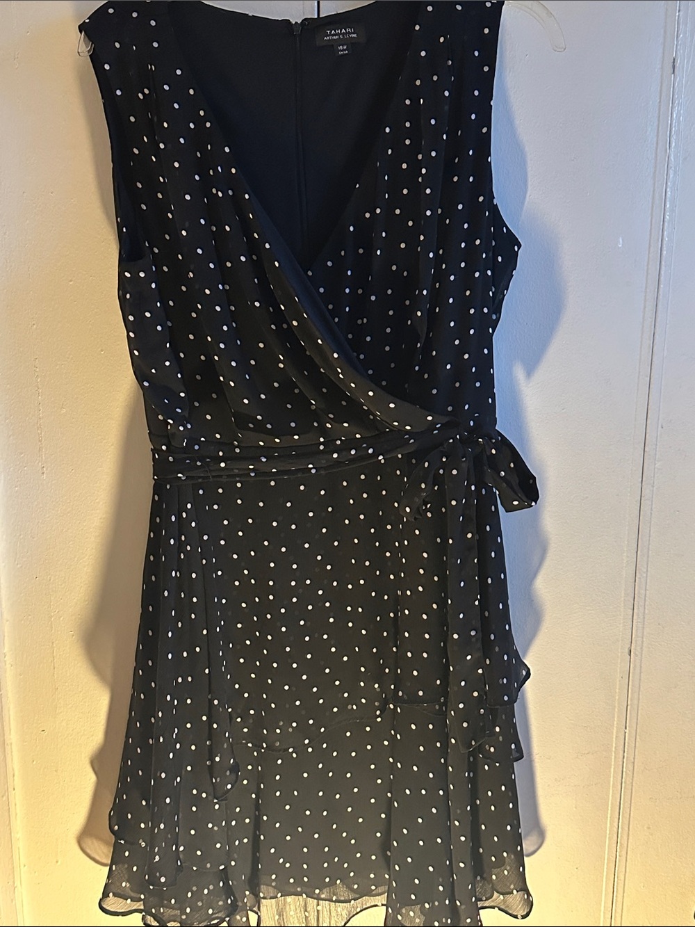 Tahari Black and White Polka Dot Wrap-Style Midi Dress